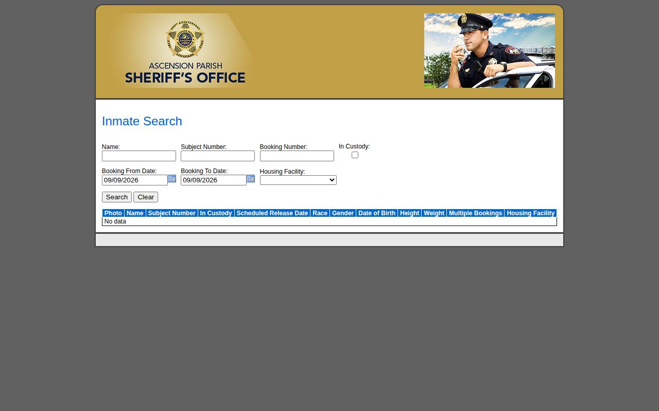 Ascension Parish Sheriff inmate inquiry search page