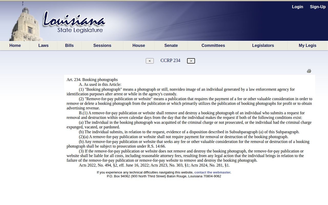 Louisiana Legislature page for Code of Criminal Procedure article 234