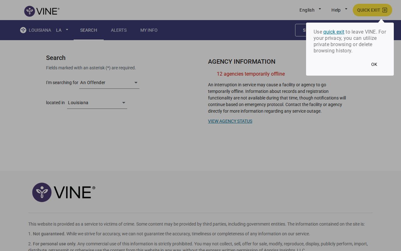 Louisiana VINELink person custody search screen